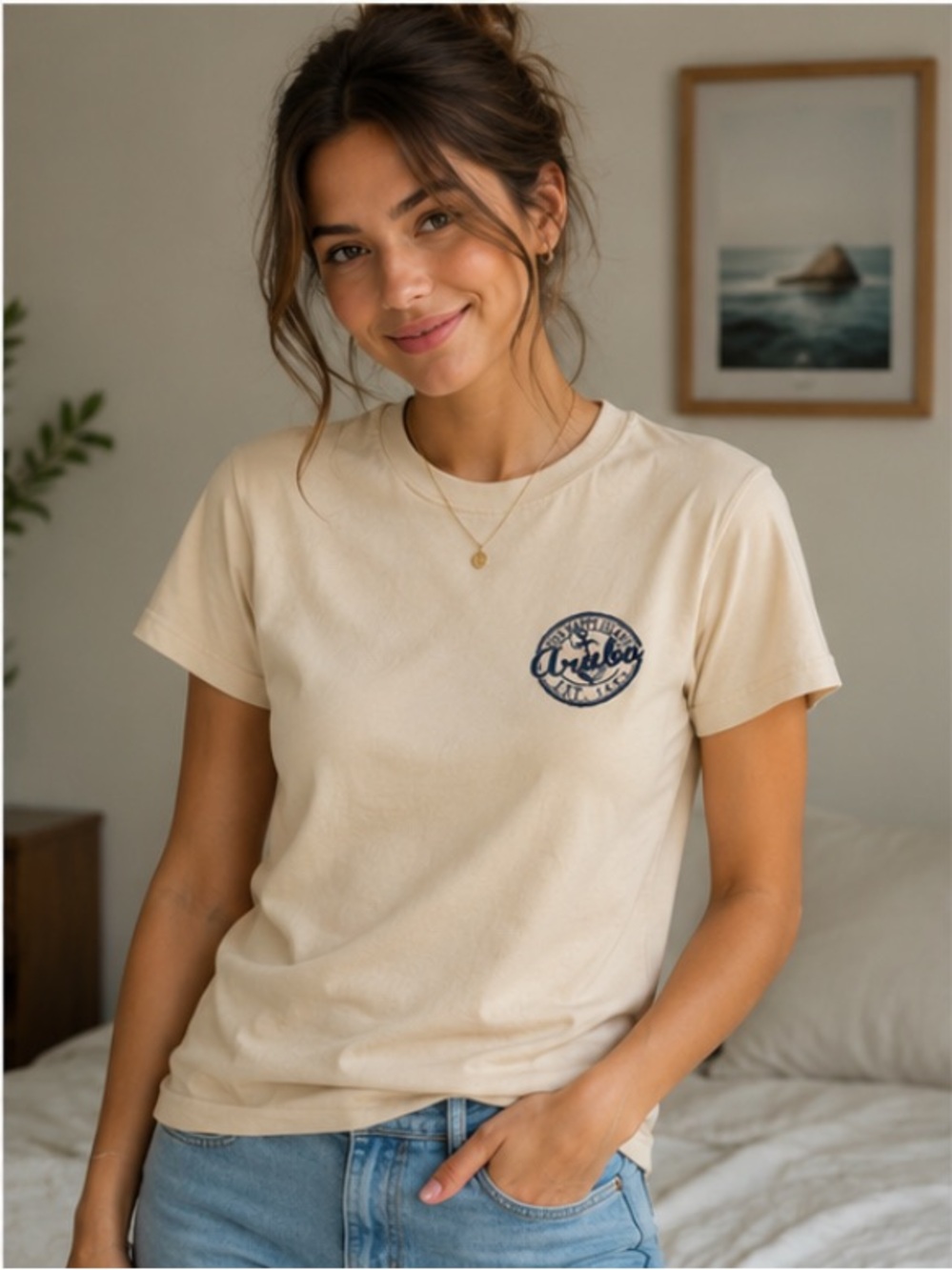 Soft Cream Graphic Tee with Navy Chest Logo